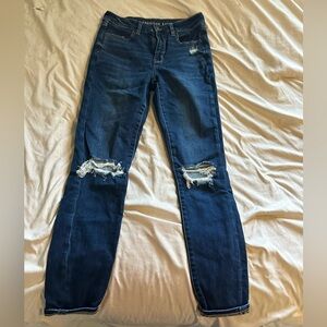 American Eagle Outfitters Women's Dark Blue Ripped Skinny Jeans